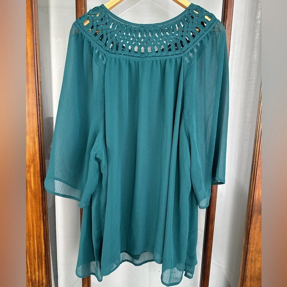 Catherines Blouse Top 3X Forest Green Chiffon Tunic Elbow Sleeve Cutout Detail - Picture 3 of 7